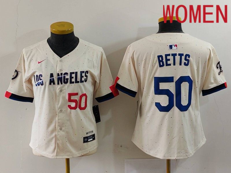 Women Los Angeles Dodgers 50 Betts Cream Fashion Nike Game MLB Jersey style 7033
